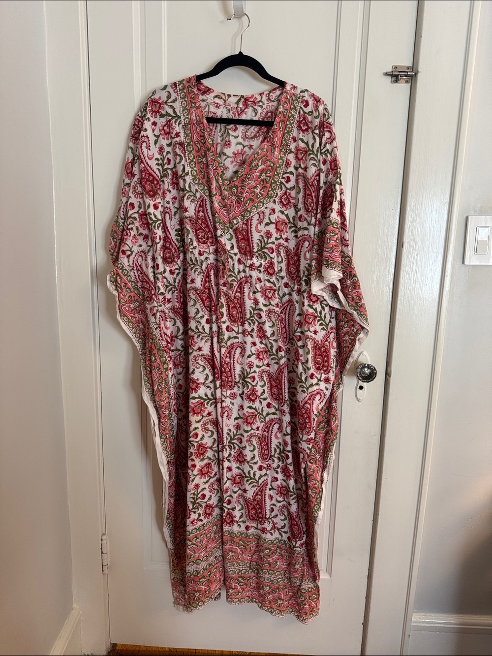Floral Paisley V-Neck Indian Block Print Caftan Dress in Pink and Cream